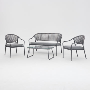 Grove 4 Piece Grey Rope Lounge Set w/ Grey Cushions & Cover