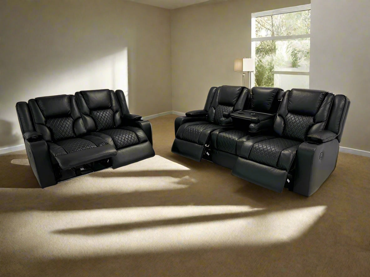 Orlando 3+2 Electric Recliner Sofa Set in Black Leather with USB Port Drop Down Table and Cupholders