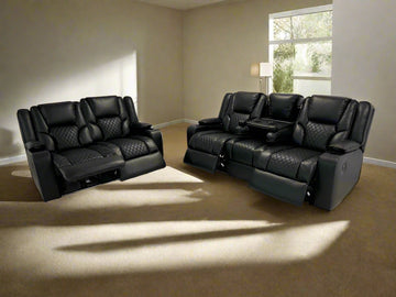 Orlando 3+2 Electric Recliner Sofa Set in Black Leather with USB Port Drop Down Table and Cupholders